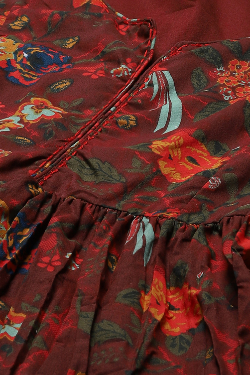 Green & Maroon Cotton Flared Printed Dress image number 1