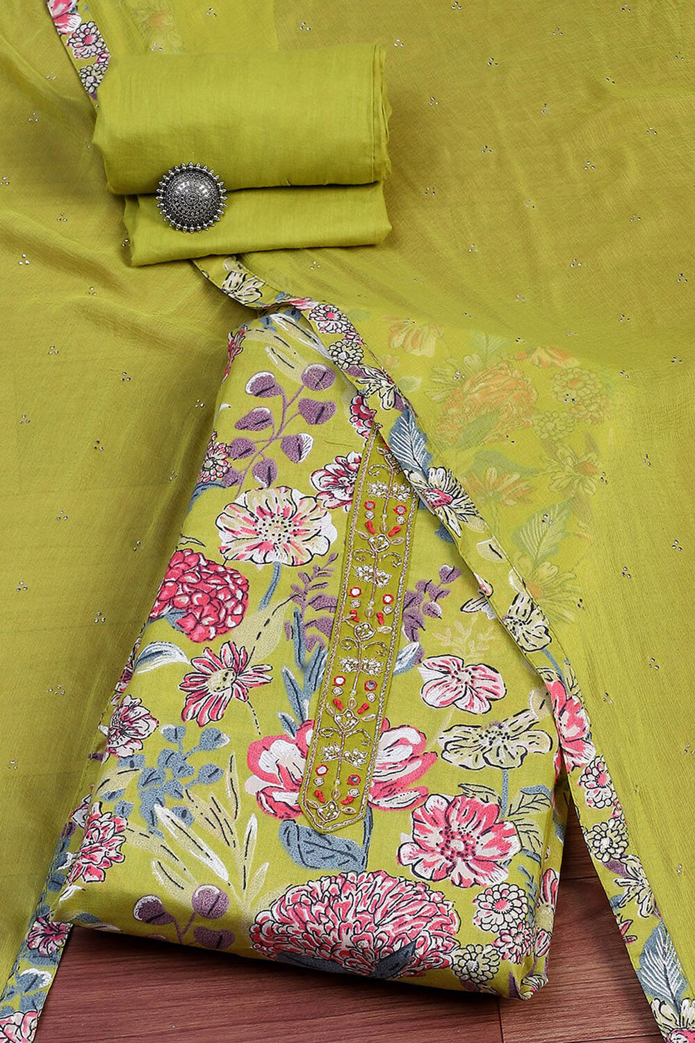 Green Cotton Floral Unstitched Suit Set image number 0
