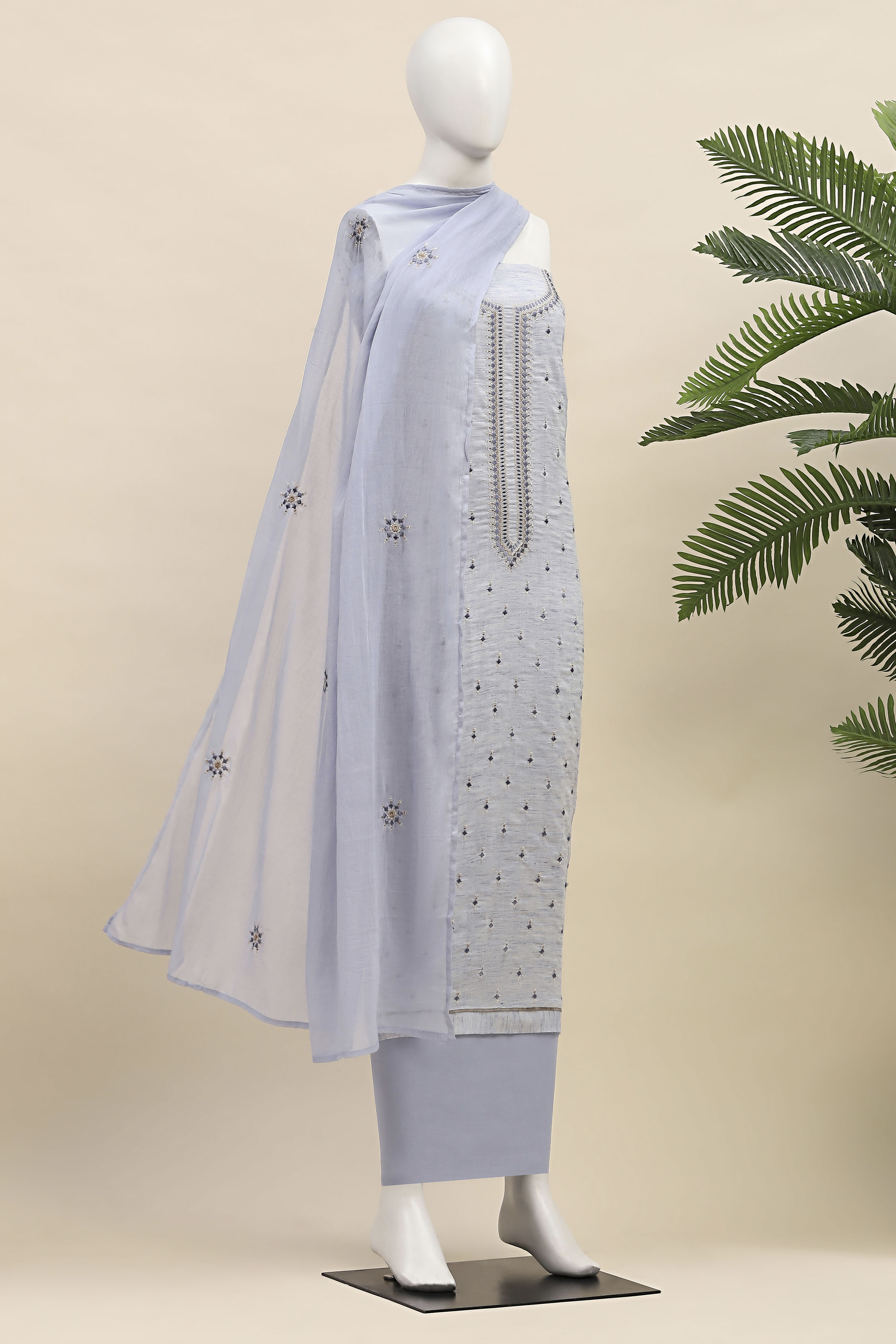 Blue Cotton Unstitched Suit Set image number 4