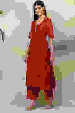 Red Flared Poly Modal Fusion Wear 2 Piece Set image number 3