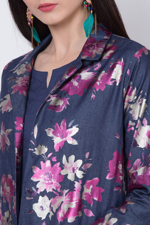 Denim Blue Cotton Front Open Printed Kurta image number 1