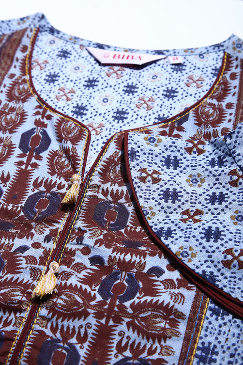 Blue Cotton A-line Printed Kurta image number 1