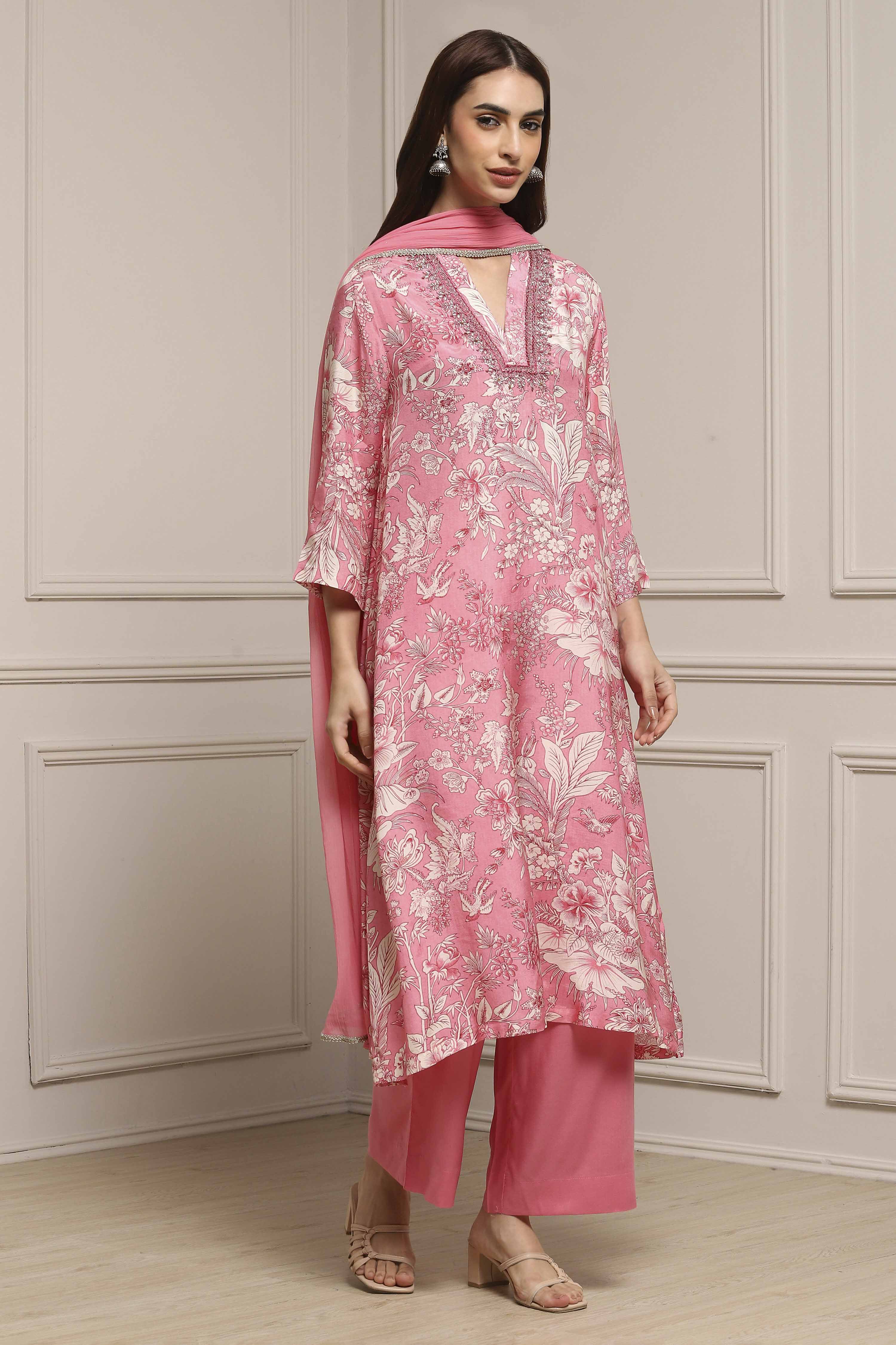 Pink Viscose Rayon Asymmetric Printed Suit Set image number 5