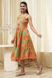 Green Cotton Blend Floral Printed Flared Dress image number 2