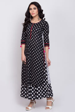 Black And White Cotton Straight Printed Kurta image number 2