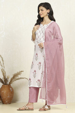Pink and White Printed Cotton Unstitched Suit Set image number 4