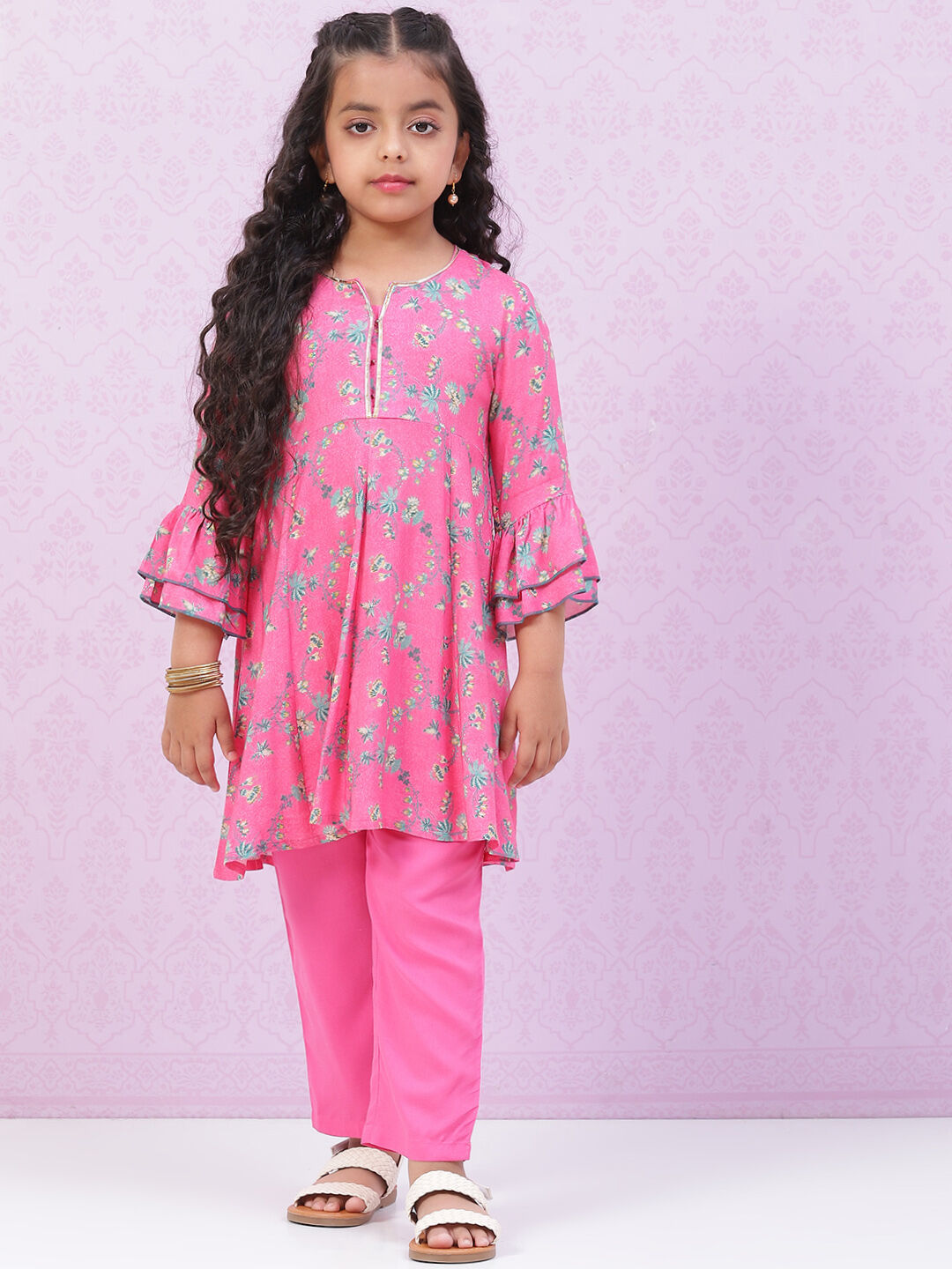 Pink Rayon Kalidar Printed Kurta Set image number 0