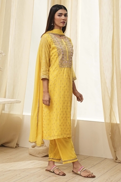 Yellow Embroidered Straight Suit Set image number 5
