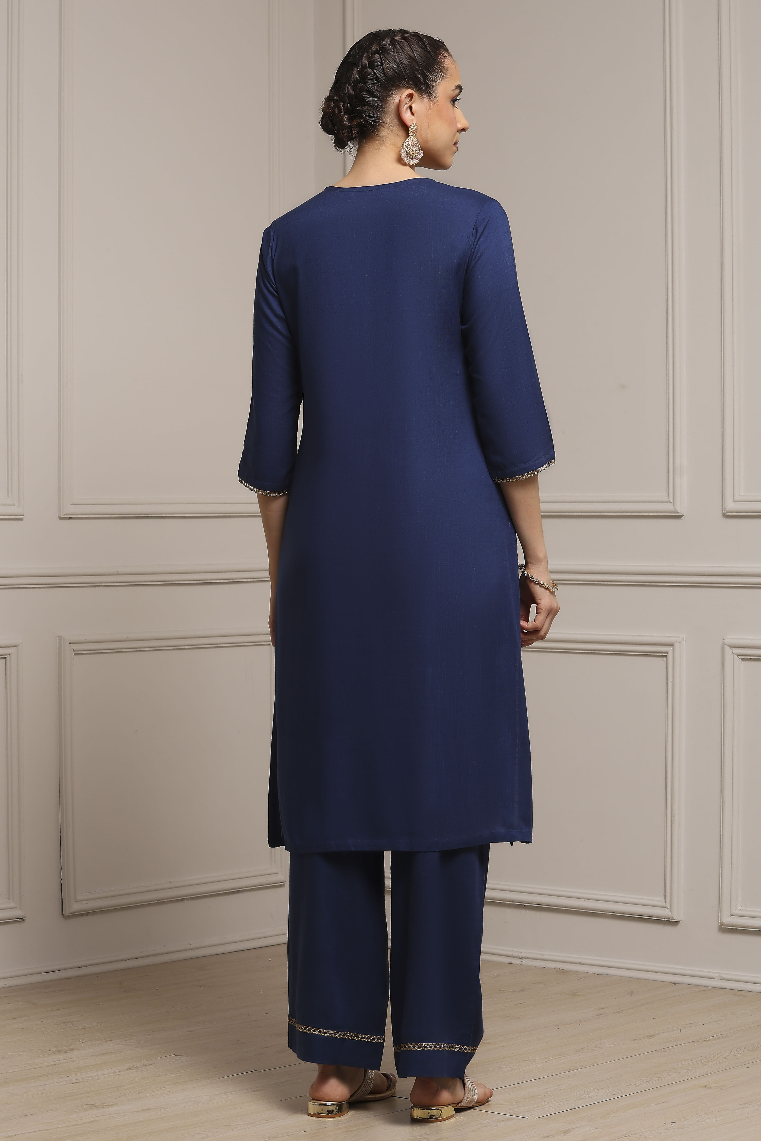Blue Viscose Rayon Straight Solid Suit Set image number 4