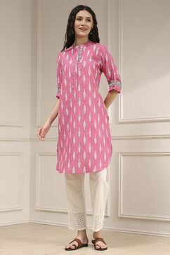 Pink Cotton Straight Yarndyed Kurta image number 5