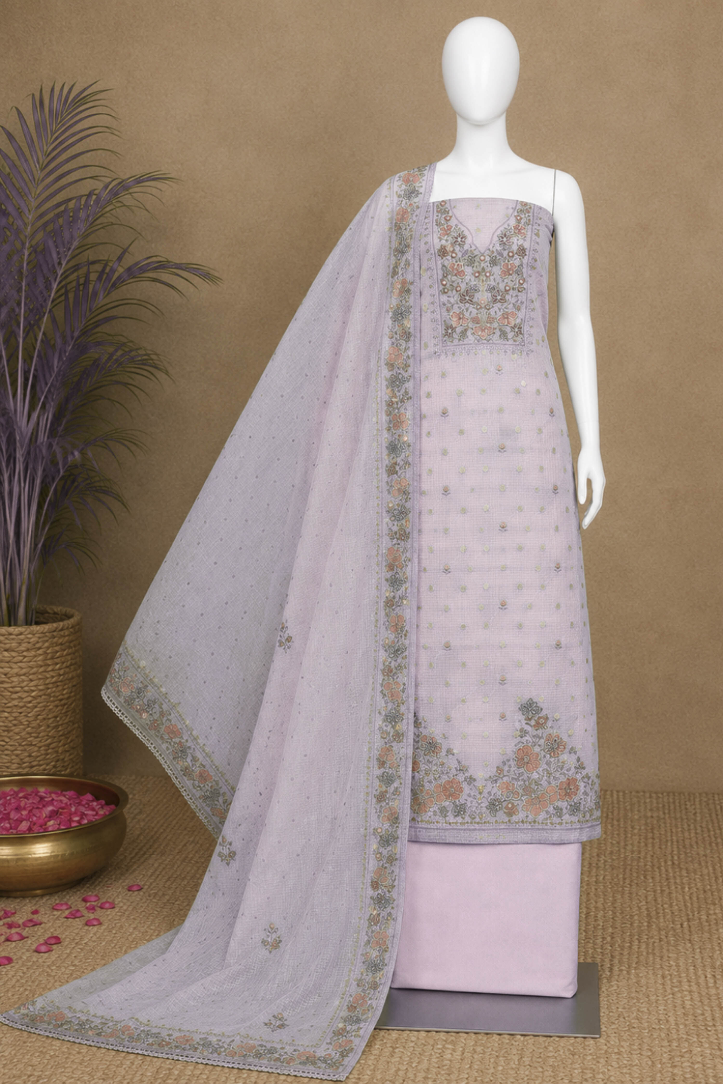 Teal Kota Cotton Neck Embroidered Unstitched Suit Set image number 5