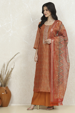 Orange Chanderi Unstitched Suit Set image number 4