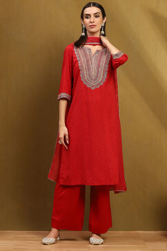 Cherry Red Bandhani Printed Straight Suit Set image number 7
