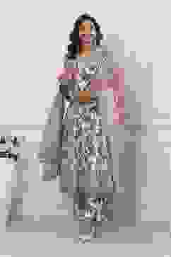 Grey-Red Cotton Anarkali Printed Suit Set image number 0