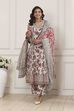 Grey-Red Cotton Anarkali Printed Suit Set