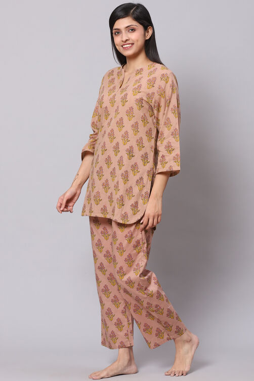 Dusky Peach Straight Cotton Three Piece Printed Sleepwear Set image number 5