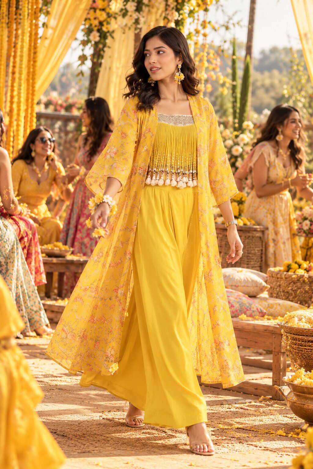  Yellow Crepe Draped Skirt Set with Printed Shrug image number 0