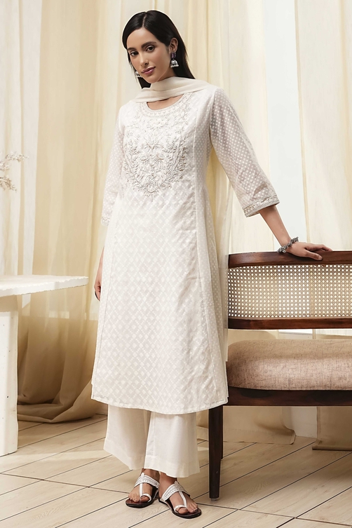 Buy Off-White Embroidered Kalidar Suit Set Online at Biba India