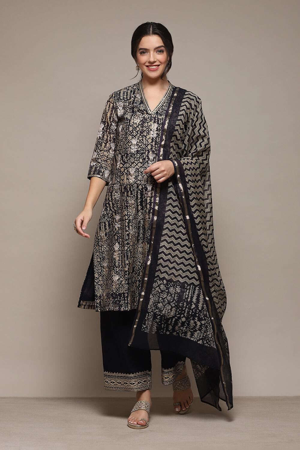 Indigo Cotton Blend Kalidar Printed Kurta Palazzo Suit Set image number 4