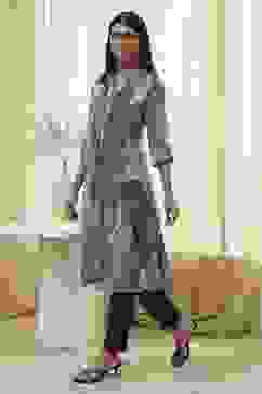 Grey Printed Pleated A-Line Kurta image number 2