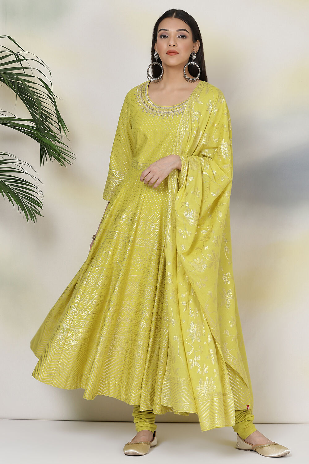 Lime Green Cotton Anarkali Kurta Churidar Suit Set image number 5