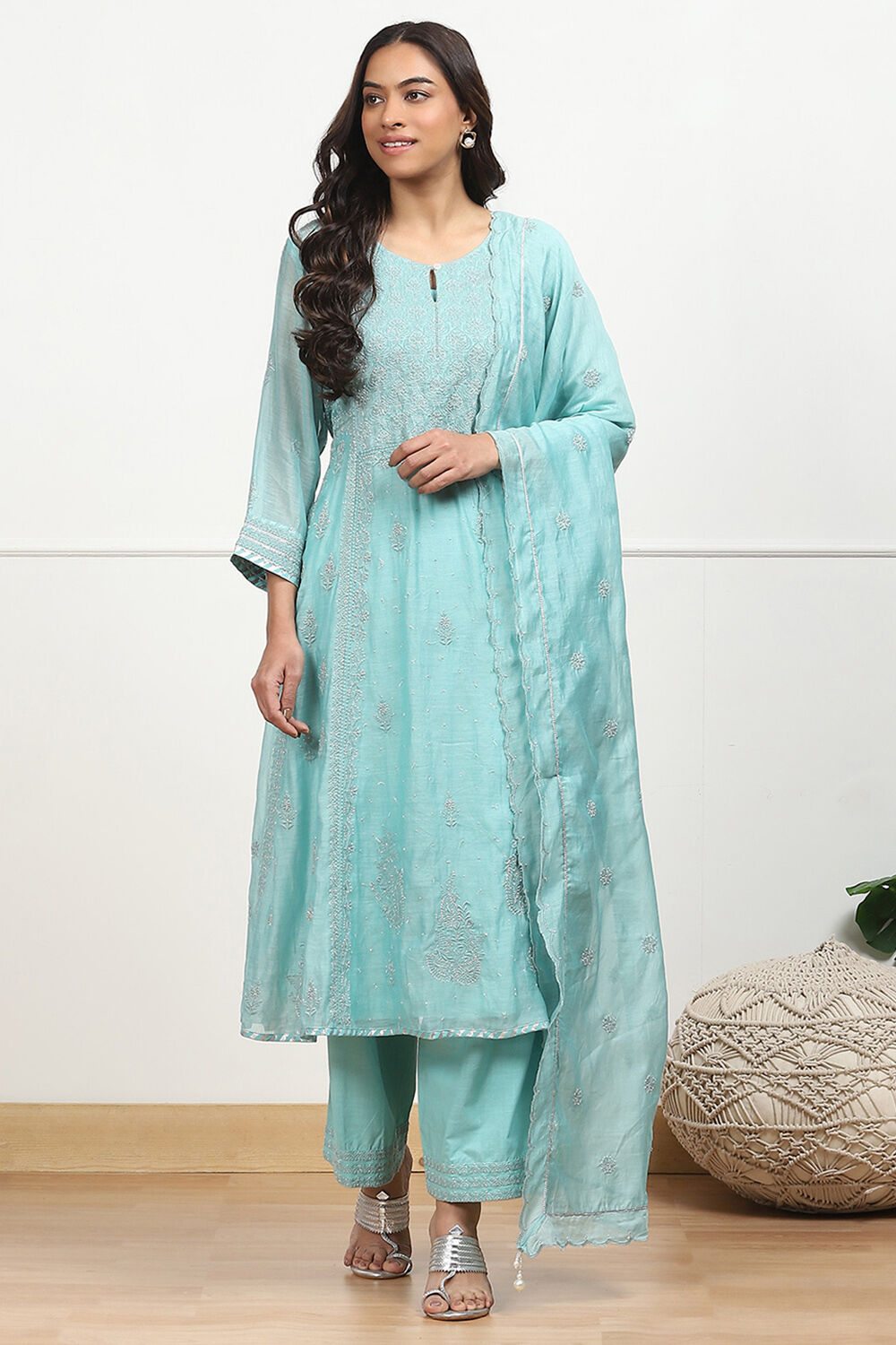 Powder Blue Silk Chanderi Embroidered Kalidar Suit Set image number 7