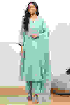 Powder Blue Silk Chanderi Embroidered Kalidar Suit Set image number 7