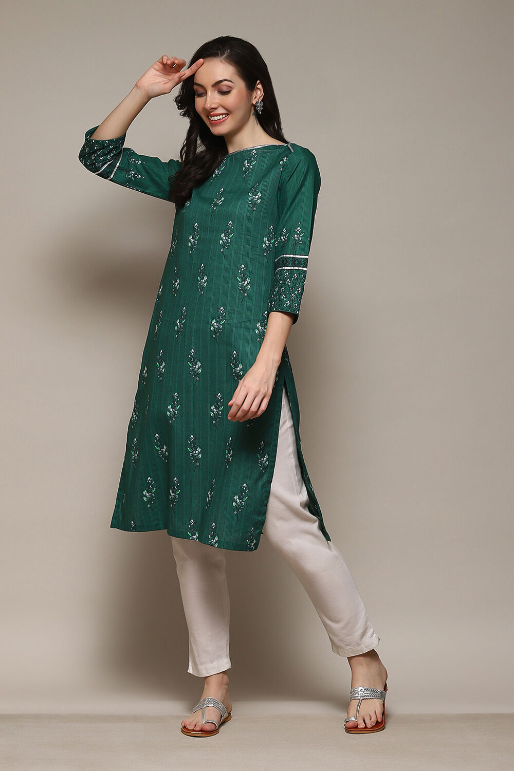Green Cotton Straight Printed Kurta image number 0