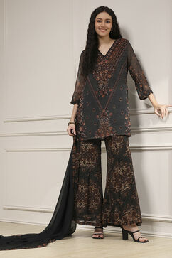 Charcoal Black Polyester Straight Printed Sharara Suit Set image number 0