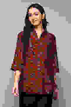 Burnt Orange Poly Viscose Straight Printed Top image number 5