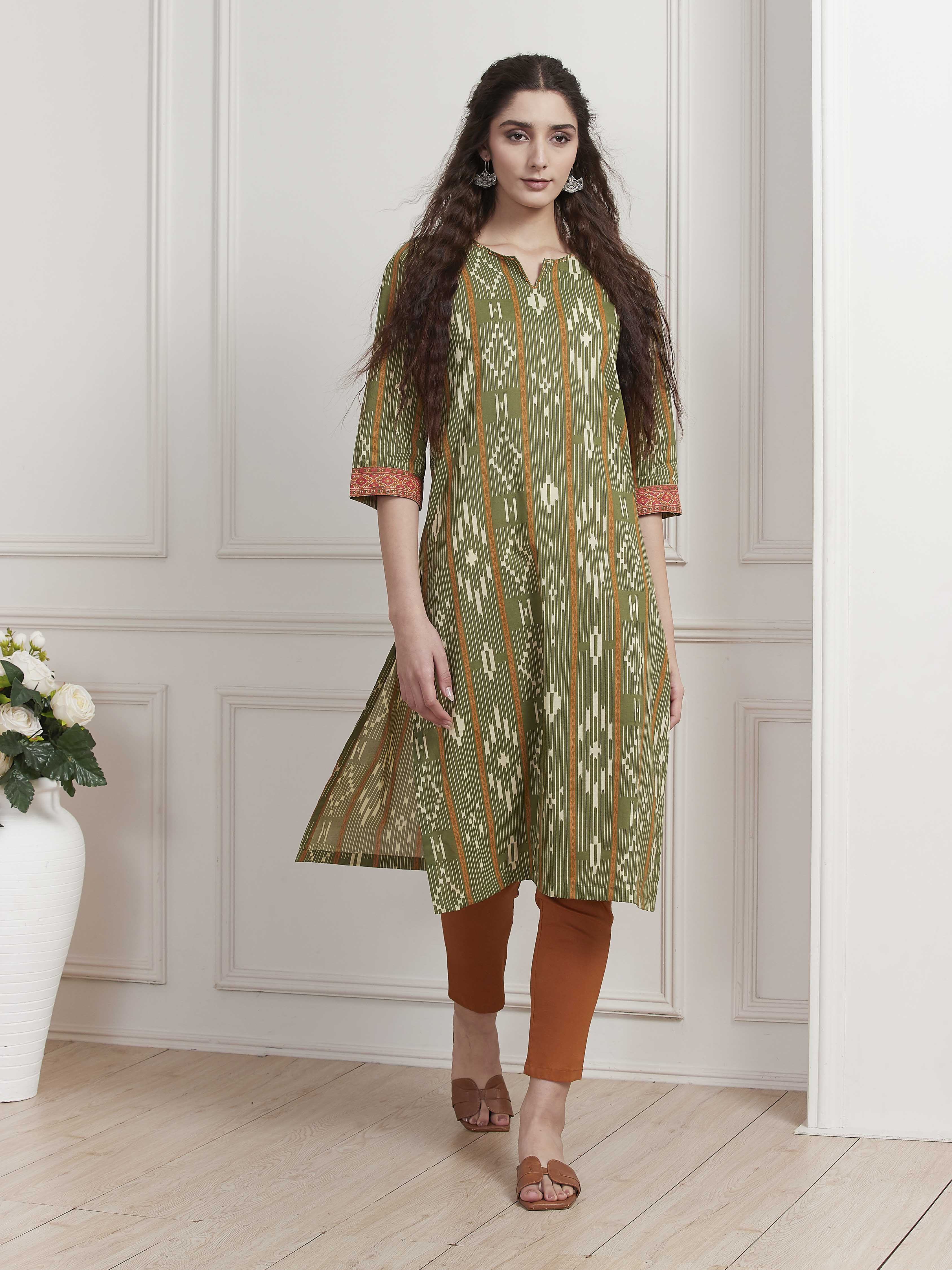 Green Cotton Printed Straight Kurta image number 0