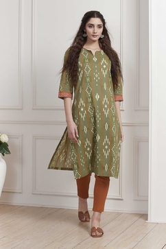 Green Cotton Printed Straight Kurta