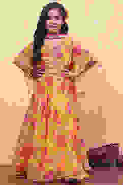 Yellow and Pink Georgette Floral Flared Lehenga Set image number 6