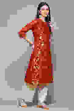 Red Polyester Straight Kurta image number 4