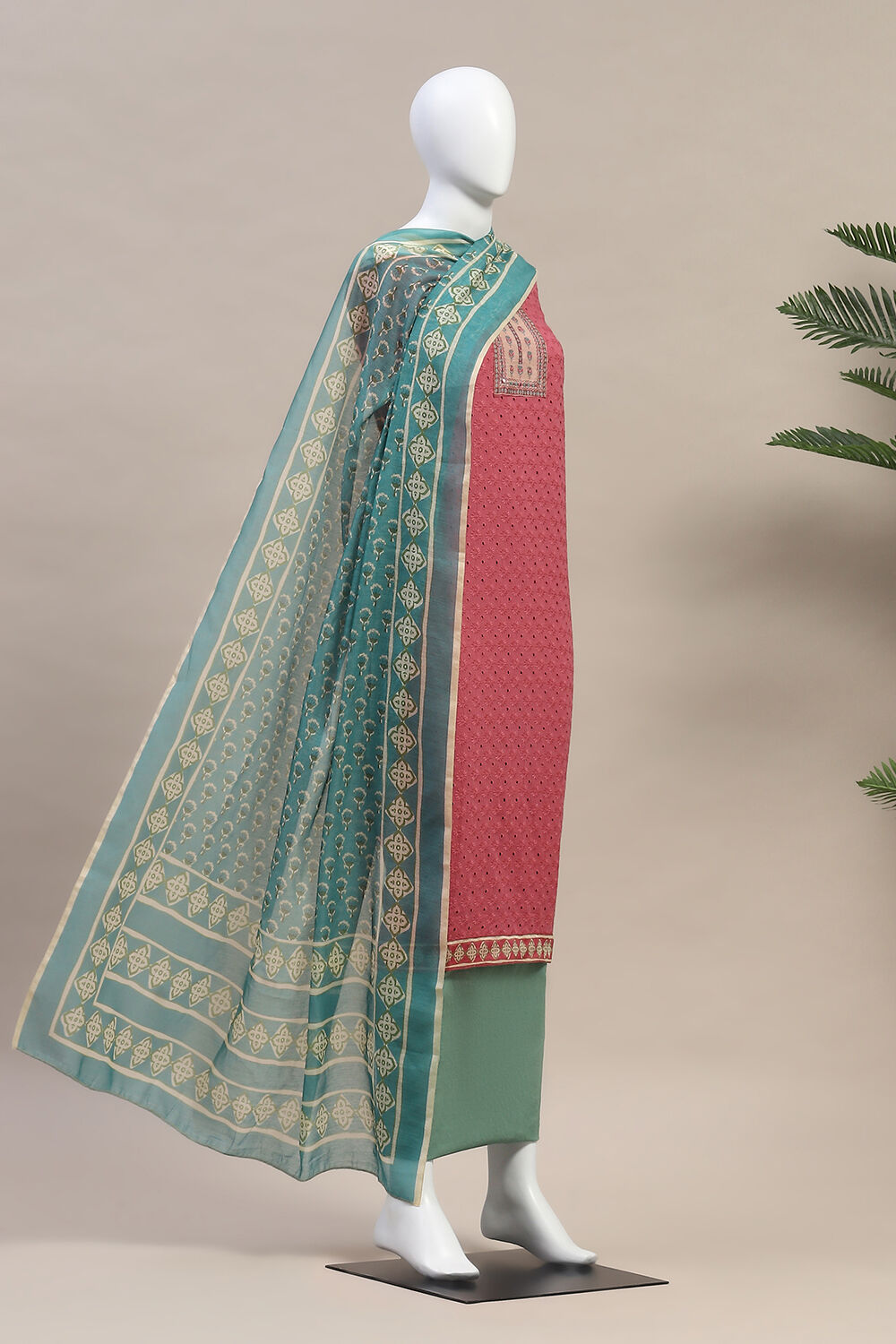 Aqua Cotton Handloom Unstitched Suit Set image number 4