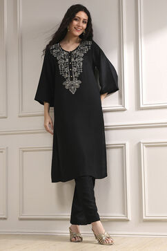 Black Textured Straight Kurta Pants Set image number 0