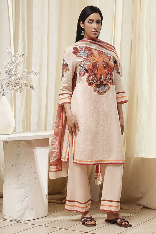 Peach-Toned Cotton Straight Suit Set image number 5