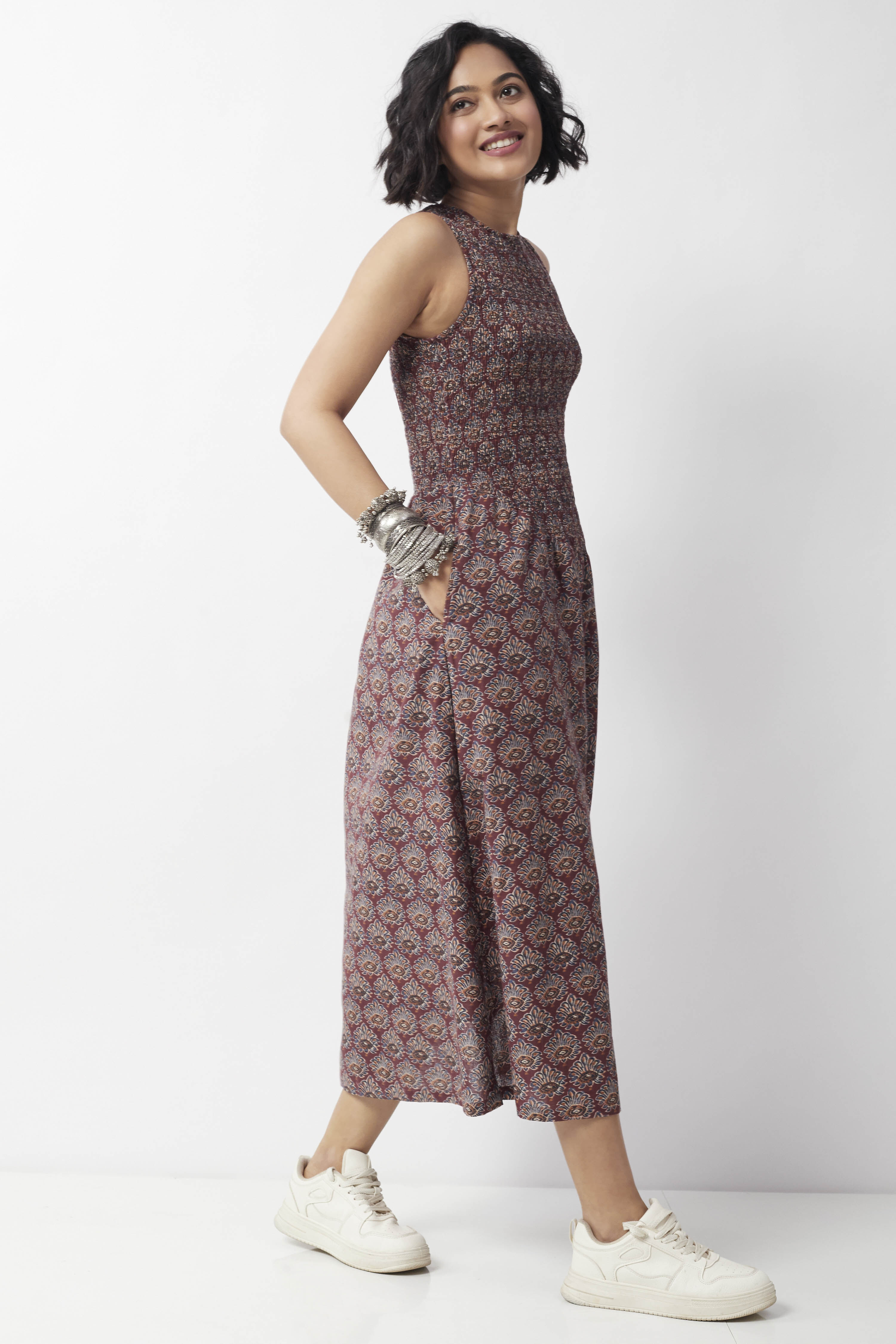 Maroon Cotton Printed Smocked Dress image number 4