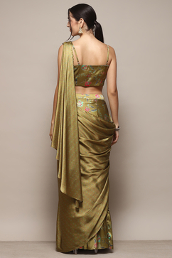 Green Pre-Draped Saree & A Stitched Blouse With Floral Prints image number 3