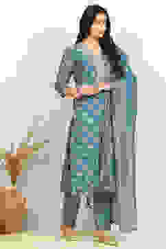 Teal Linen Digital Print Unstitched Suit Set image number 6