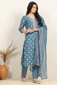 Teal Linen Blend Digital Print Unstitched Suit Set image number 6