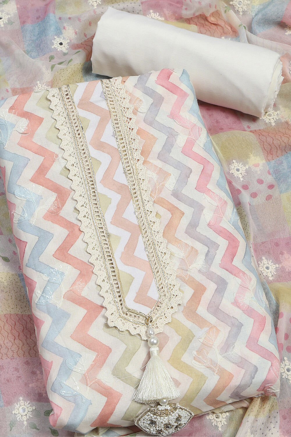 Cream Cotton Schiffly Unstitched Suit Set image number 1