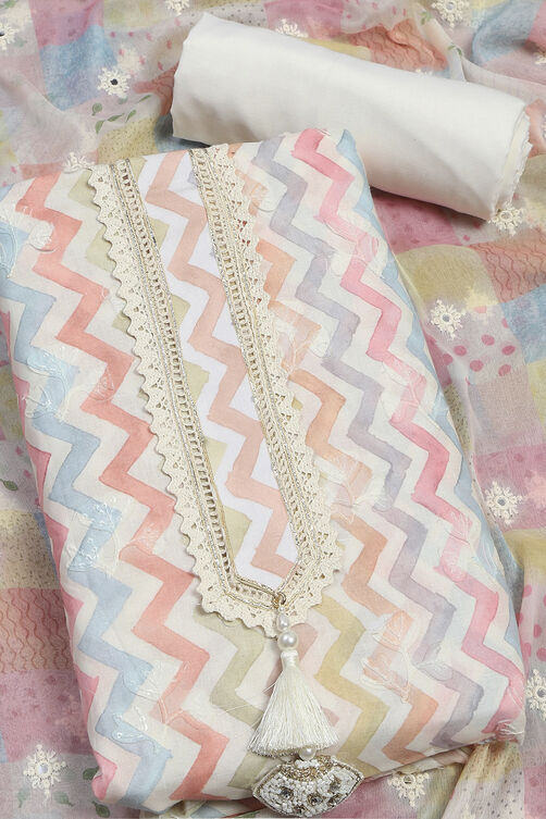 Cream Cotton Schiffly Unstitched Suit Set image number 1