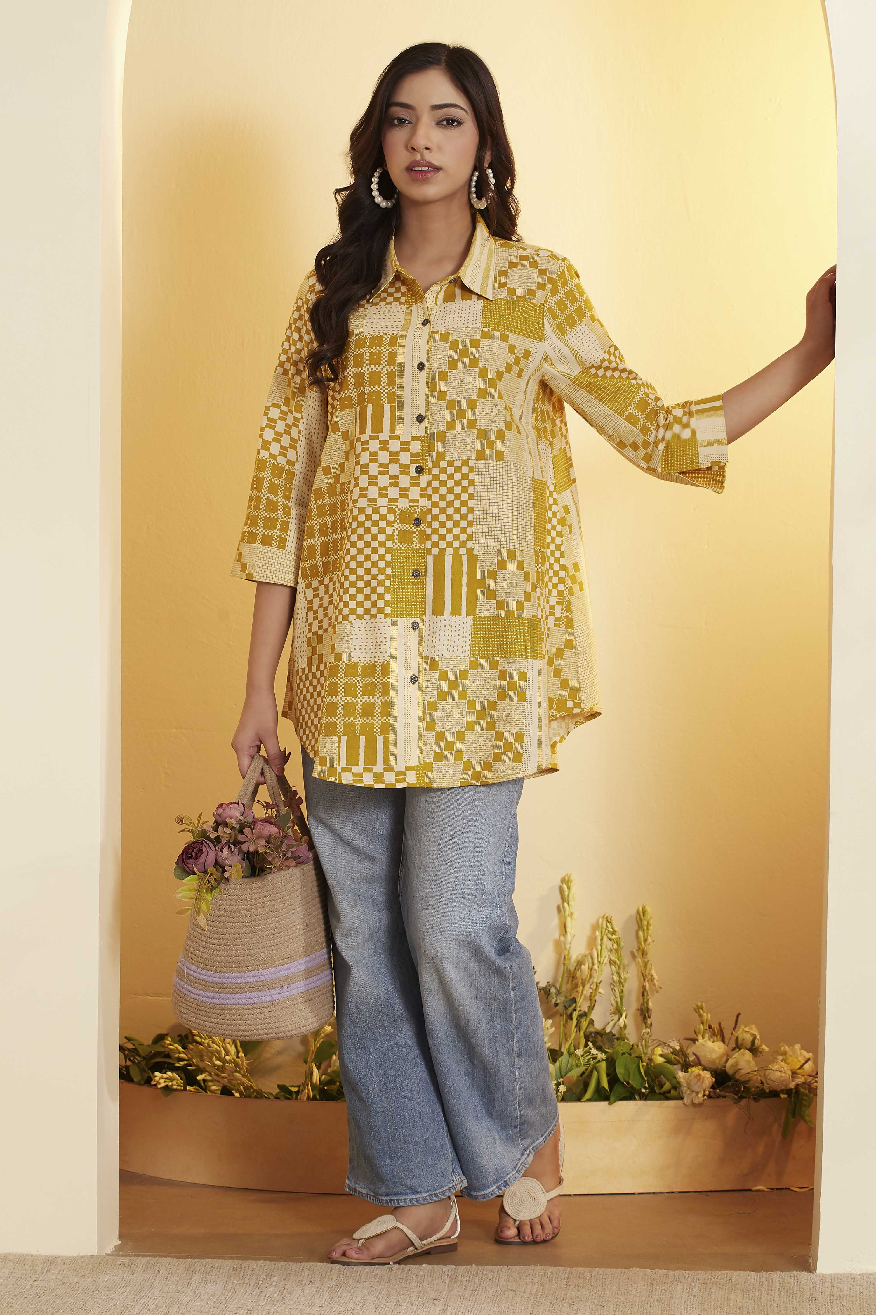 biba Mustard Cotton A Line KurtaMustard Cotton A Line Kurta-picture-631