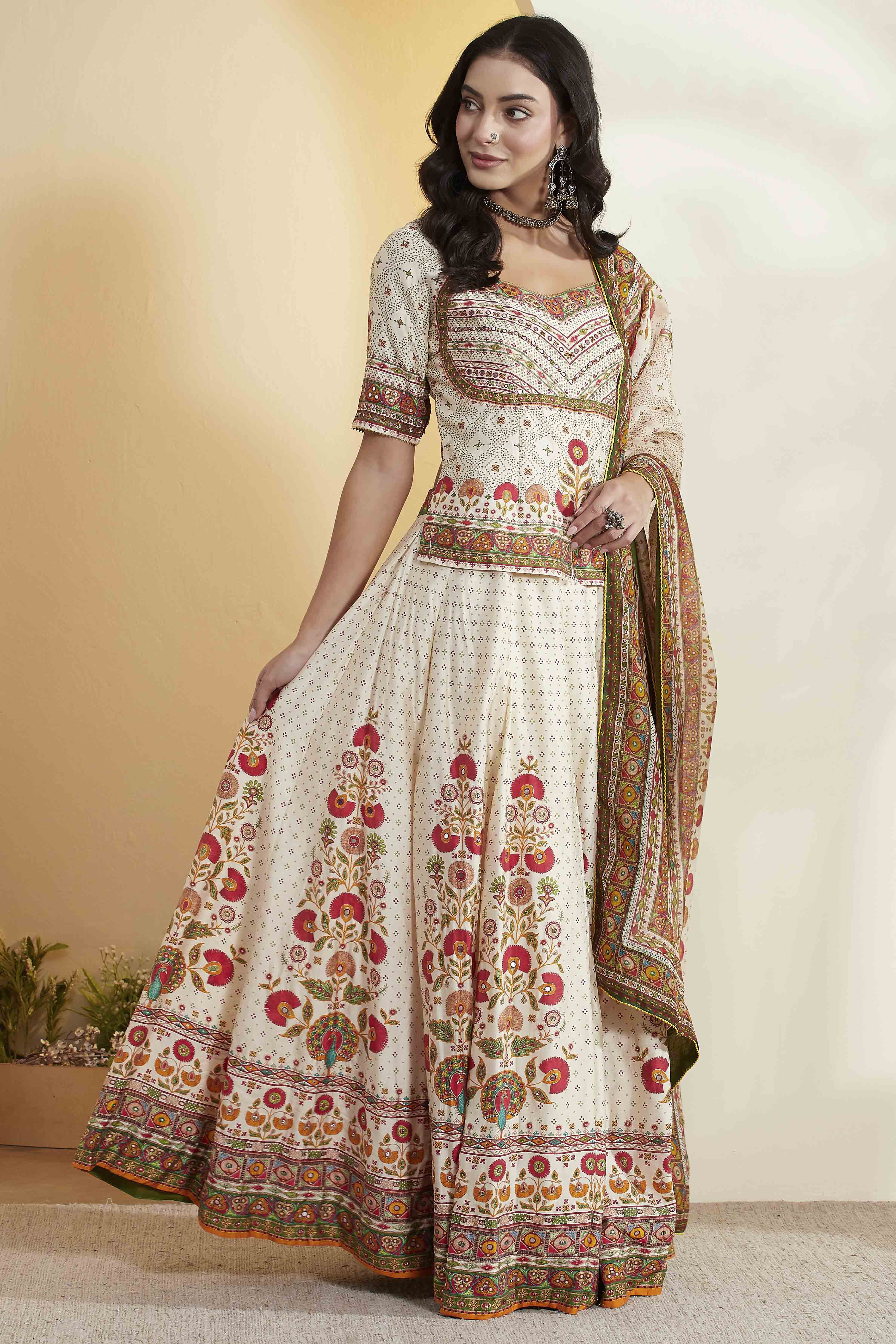 Off-White Cotton Silk Printed Straight Lehenga Set image number 5