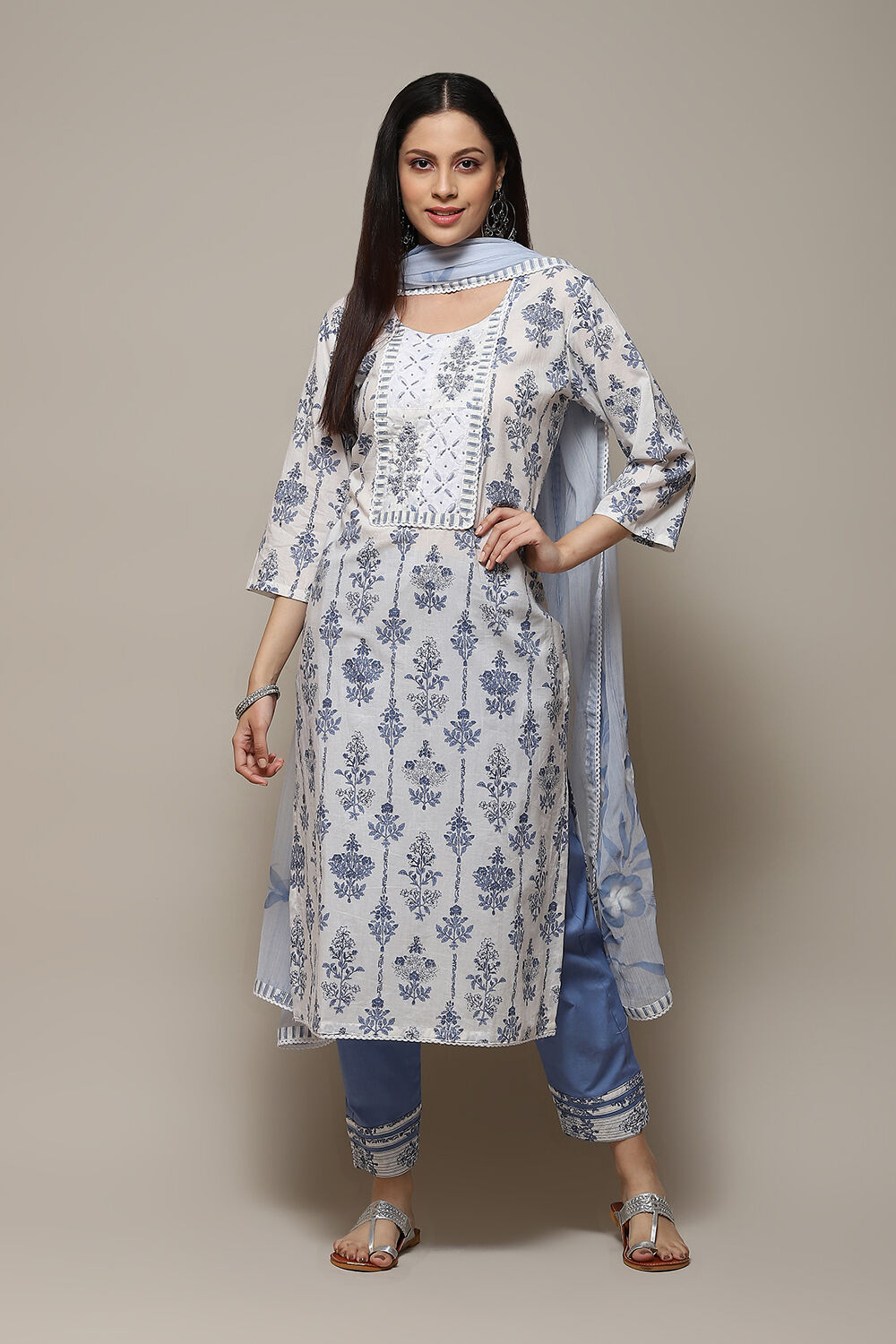 Blue Cotton Schiffly Unstitched Suit Set image number 8