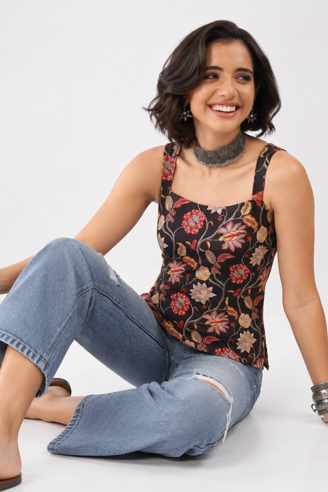 BIBA Nxt Cotton Straight Printed Casual Top in Black