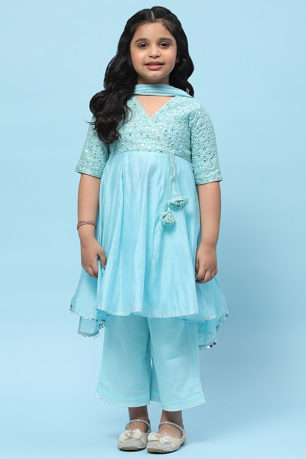 Sky Blue Poly Chanderi Mirror work A-line Suit Set image number 7