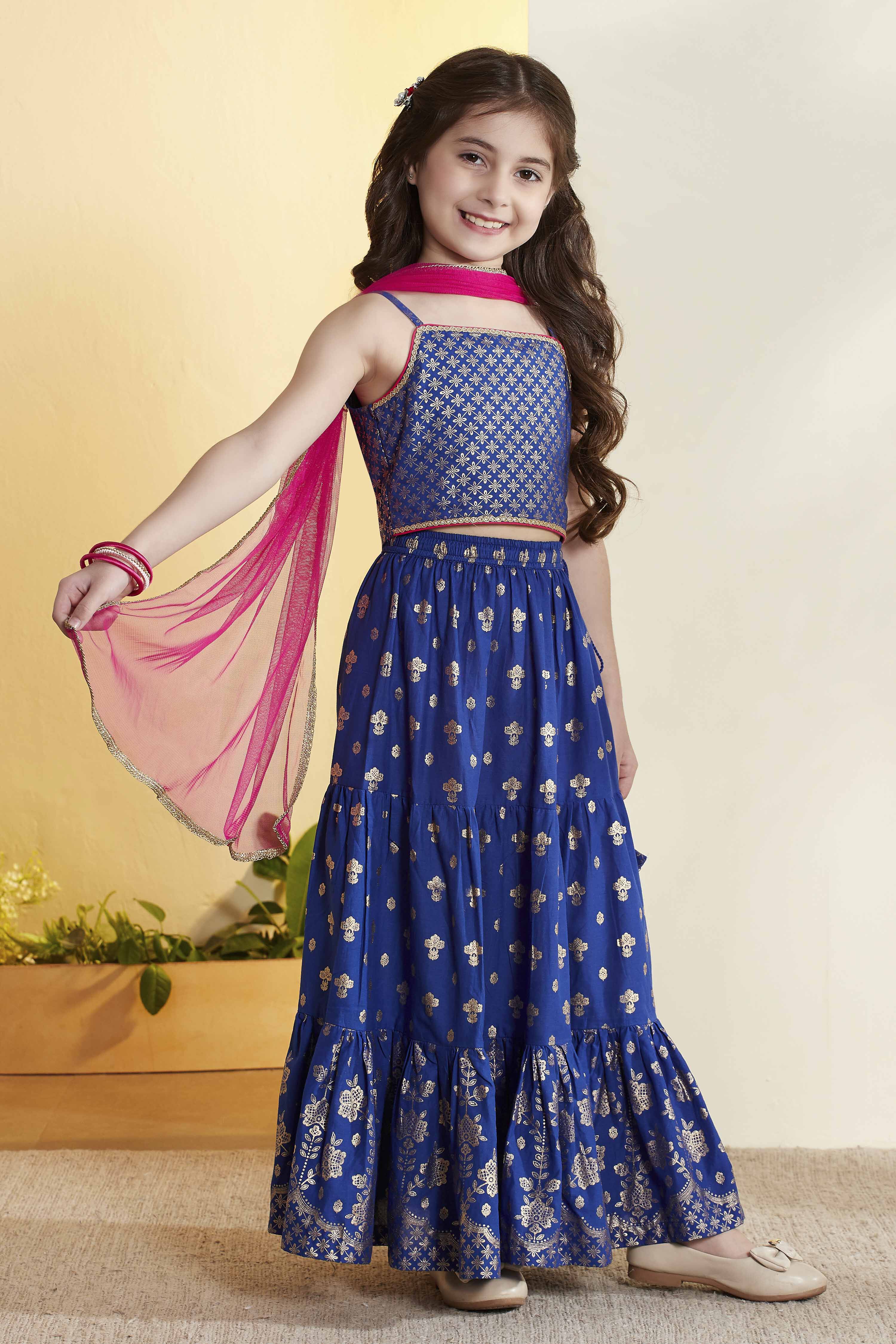 Blue Geometric Printed Cotton Lehenga Set image number 4