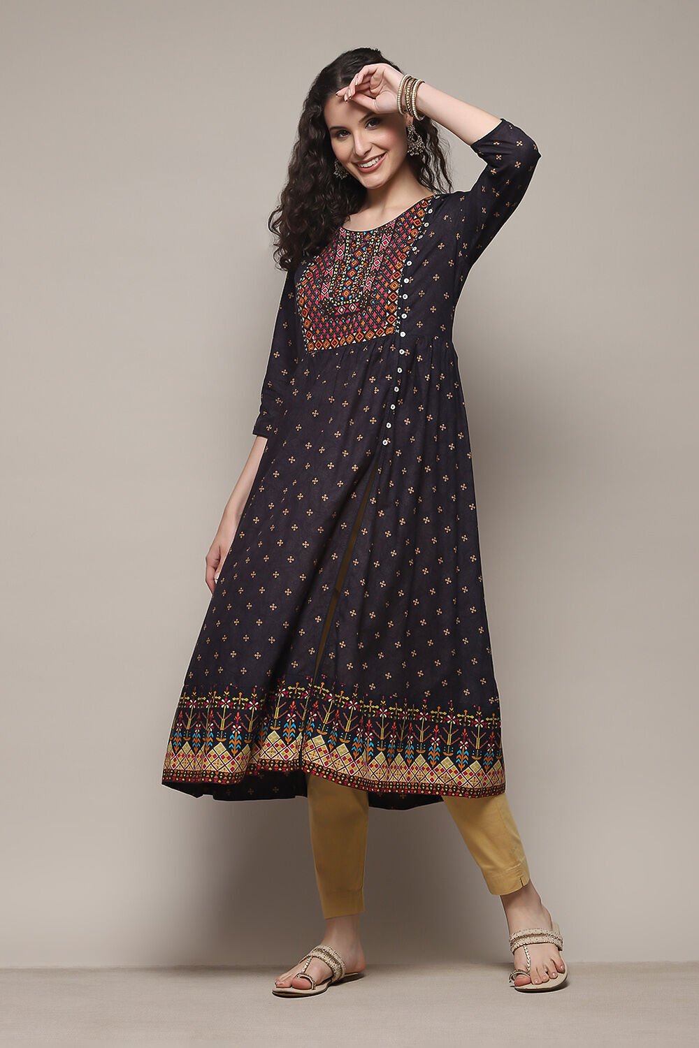 Green Cotton A-Line Printed Kurta image number 0